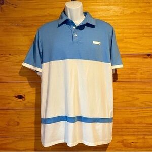 Redvanly Men’s Blue White Stripe Colorblock Short Sleeve Golf Polo Shirt XL